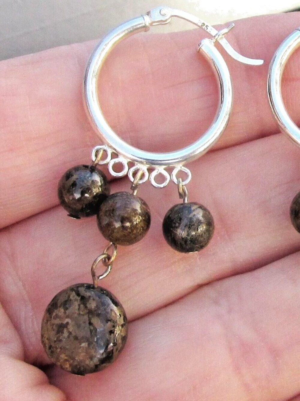 Vintage Sterling Silver BROWN JASPER Bead Dangle Hoop Pierced Earrings